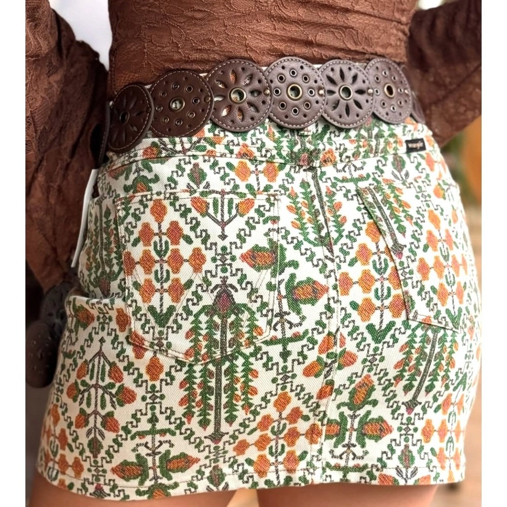 Wrangler Womens Tapestry Print Denim Mini Skirt Geometric Boho Green Orange - Picture 2 of 5